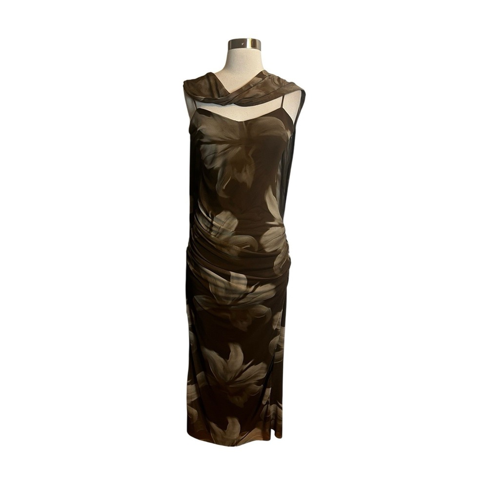 Zara Tulle Midi Dress With Scarf Small Brown Floral Sleeveless Ruched